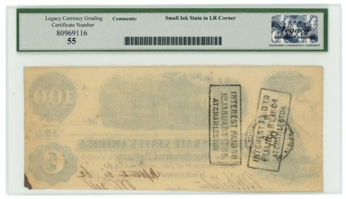 T-40 1862 Confederate States of America CSA $100 PF-1 CR-298 LCG AU55 (65269)