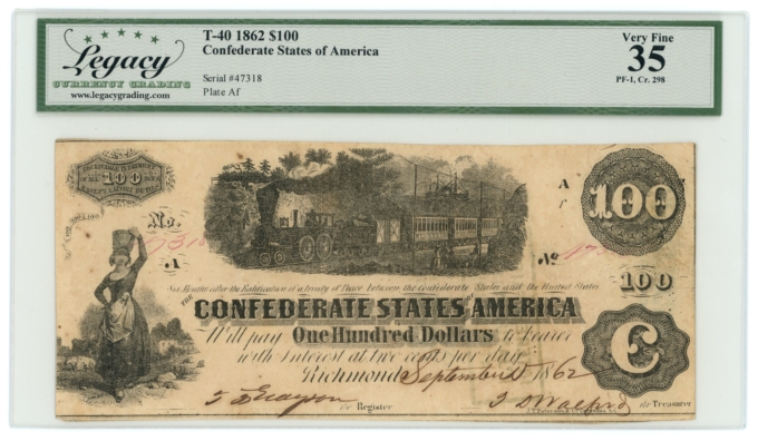 T-40 1862 Confederate States of America $100 PF-1 CR-298 R11 LCG VF35 (65270)