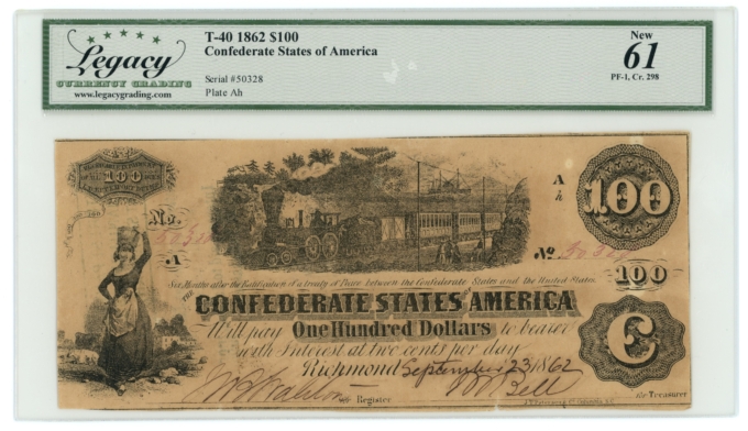 T-40 1862 Confederate States of America CSA $100 PF-1 CR-298 LCG UNC 61 (65271)