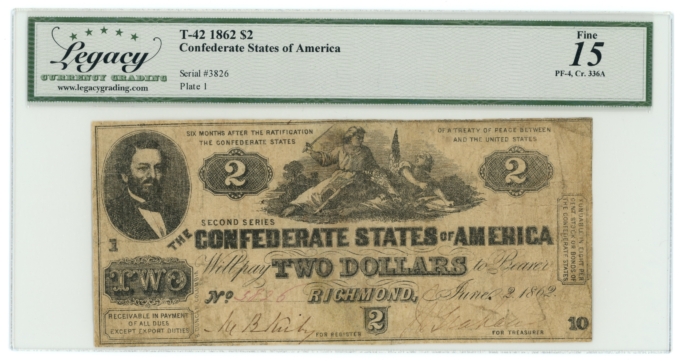 T-42 1861 Confederate States CSA $2 PF-4 CR-336A 1-10 Plen ERROR LCG F15 (65272)