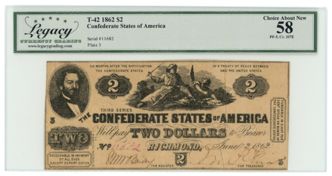 T-42 1862 Confederate States of America CSA $2 PF-5 CR-337E LCG AU58 (65273)