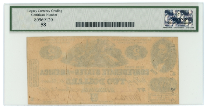 T-42 1862 Confederate States of America CSA $2 PF-5 CR-337E LCG AU58 (65273)