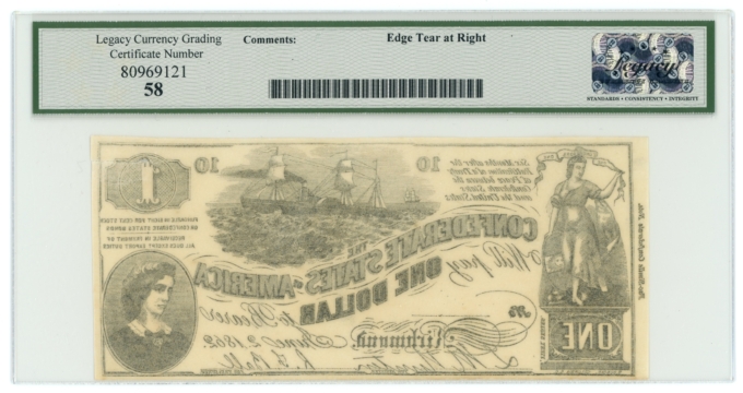 CT-44 1862 Confederate States of America CSA $1 CTFT LCG AU58 (65274)
