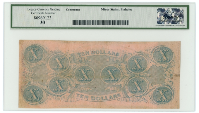 T-52 1862 Confederate States of America CSA $10 PF-1 CR-369 LCG VF30 (65276)