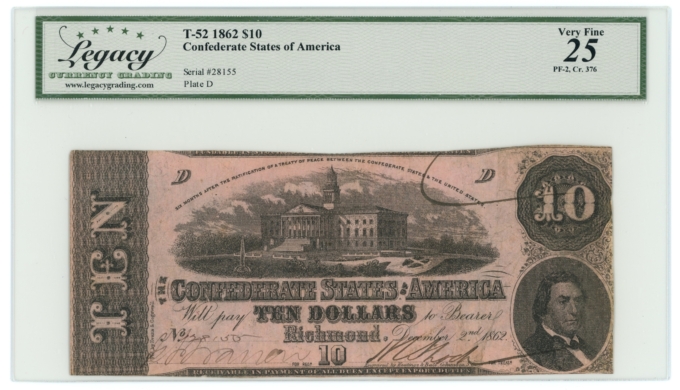 T-52 1862 Confederate States of America CSA $10 PF-2 CR-376 LCG VF25 (65277)