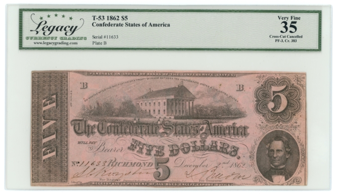 T-53 1862 Confederate States of America CSA $5 PF-3 CR-383 LCG VF35 (65278)