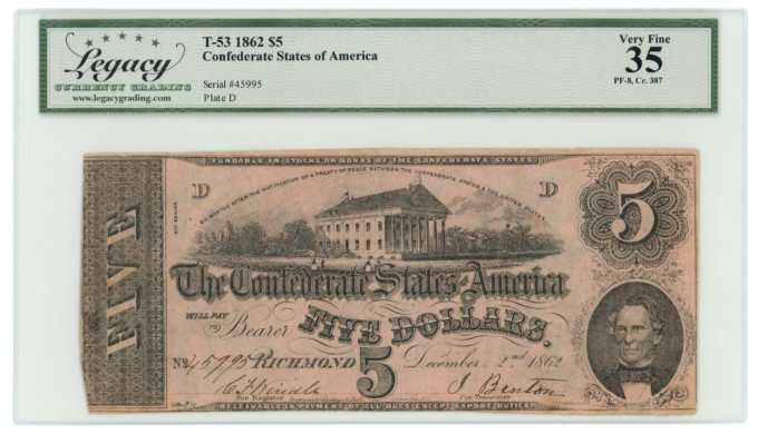 T-53 1862 Confederate States of America CSA $5 PF-8 CR-387 LCG VF35 (65289)