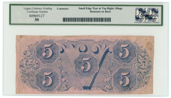 T-53 1862 Confederate States of America CSA $5 PF-7 CR-390 LCG VF30 (65290)
