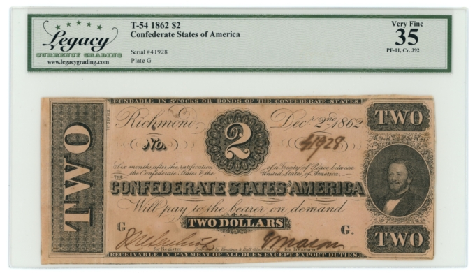 T-54 1862 Confederate States of America $2 PF-11 CR-392 LCG VF35 (65291)