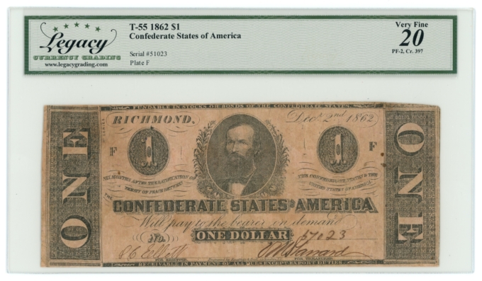 T-55 1862 Confederate States of America CSA $1 PF-2 CR-397 LCG VF20 (65293)
