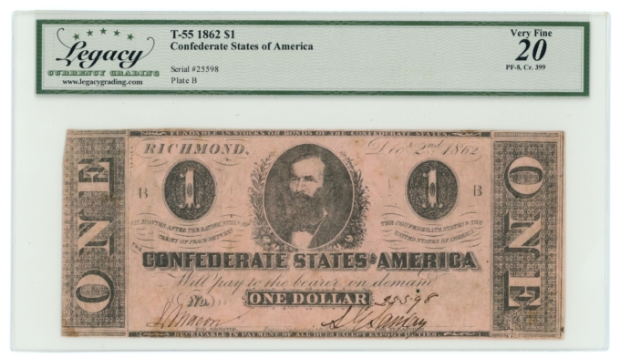T-55 1862 CSA $1 PF-8 CR-399 Skeletal Letters Variety Rarity 8 LCG VF20 (65294)