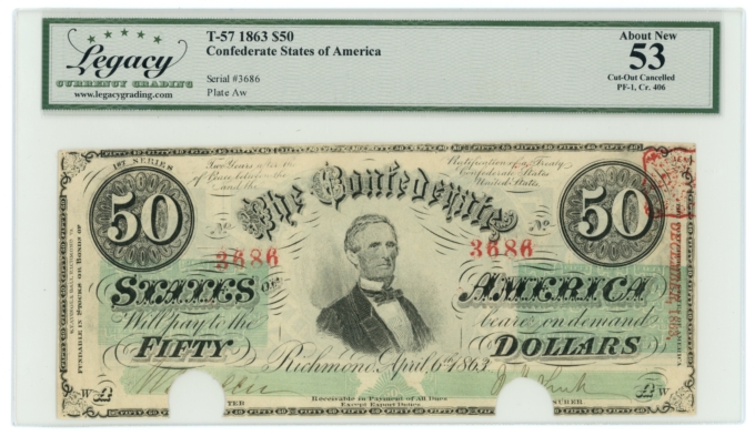T-57 1863 Confederate States of America CSA $50 PF-1 CR-406 LCG AU53 (65295)