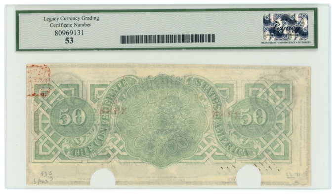 T-57 1863 Confederate States of America CSA $50 PF-1 CR-406 LCG AU53 (65295)