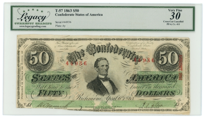 T-57 1863 Confederate States of America CSA $50 PF-6 CR-411 R9 LCG VF30 (65296)