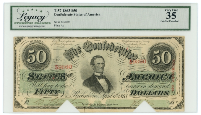 T-57 1863 Confederate States of America CSA $50 Note LCG VF35 (65297)
