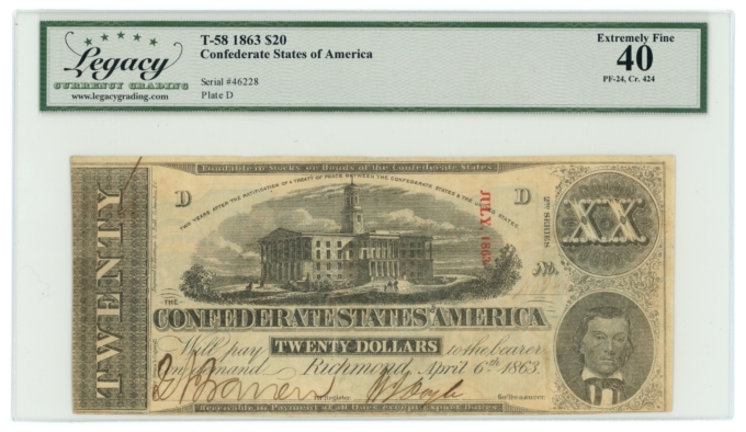 T-58 1863 Confederate States of America CSA $20 PF-24 CR-424 LCG XF40 (65298)