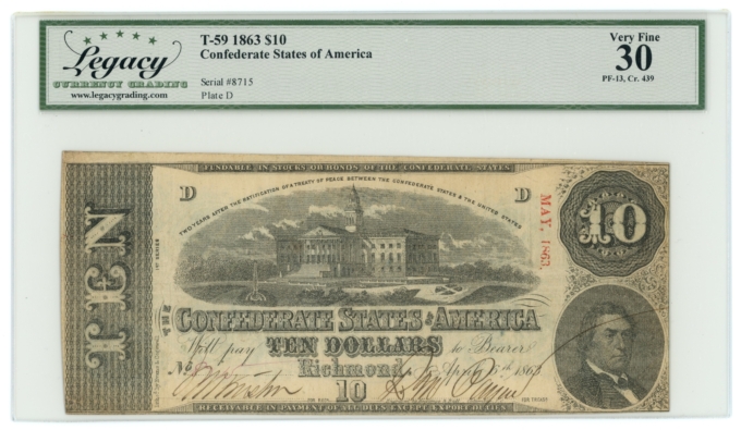 T-59 1863 Confederate States of America CSA $10 PF-13 CR-439 LCG VF30 (65301)