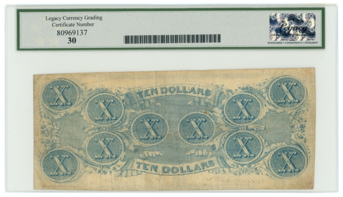 T-59 1863 Confederate States of America CSA $10 PF-13 CR-439 LCG VF30 (65301)