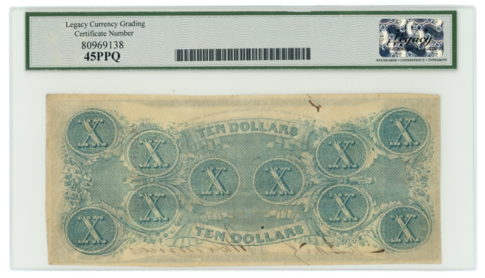 T-59 1863 Confederate States of America CSA $10 PF-19 CR-442 LCG XF45 PPQ 65302