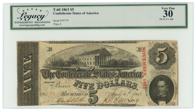 T-60 1863 Confederate States of America CSA $5 PF-27 CR-464 LCG VF30 (65304)
