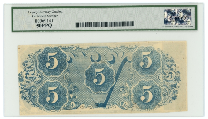 T-60 1863 Confederate States of America CSA $5 PF-4 CR-450 LCG AU50 PPQ 65305