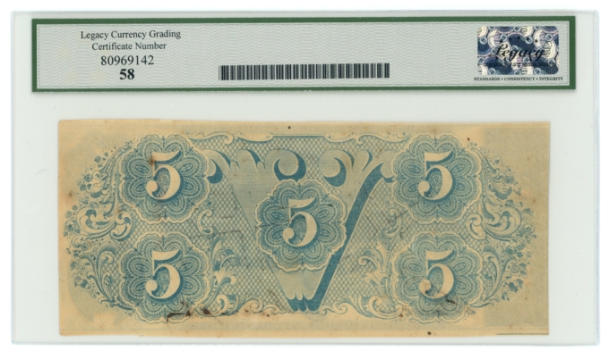 T-60 1863 Confederate States of America CSA $5 PF-27 CR-464 LCG AU58 (65306)