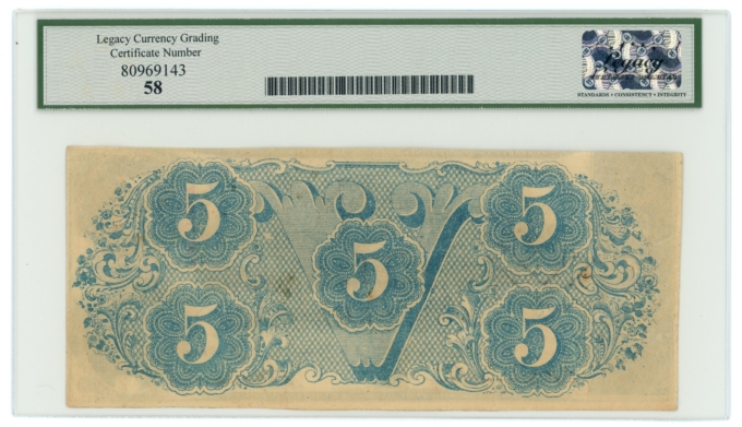 T-60 1863 Confederate States of America CSA $5 PF-4 CR-450 LCG AU58 (65307)