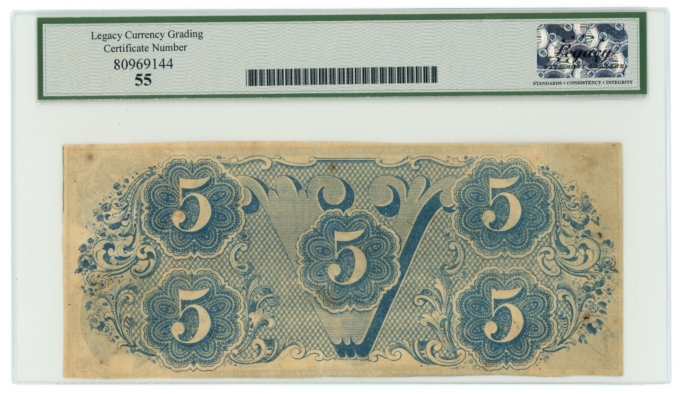 T-60 1863 Confederate States of America CSA $5 PF-4 CR-450 LCG AU55 (65308)