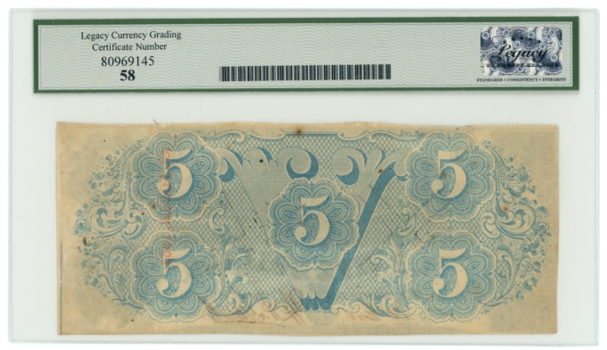T-60 1863 Confederate States of America CSA $5 PF-27 CR-464 LCG AU58 (65309)