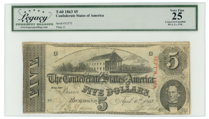 T-60 1863 Confederate States of America CSA $5 PF-3 CR-UNL R11 LCG VF25 (65310)