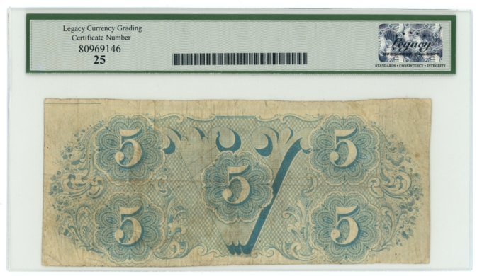 T-60 1863 Confederate States of America CSA $5 PF-3 CR-UNL R11 LCG VF25 (65310)