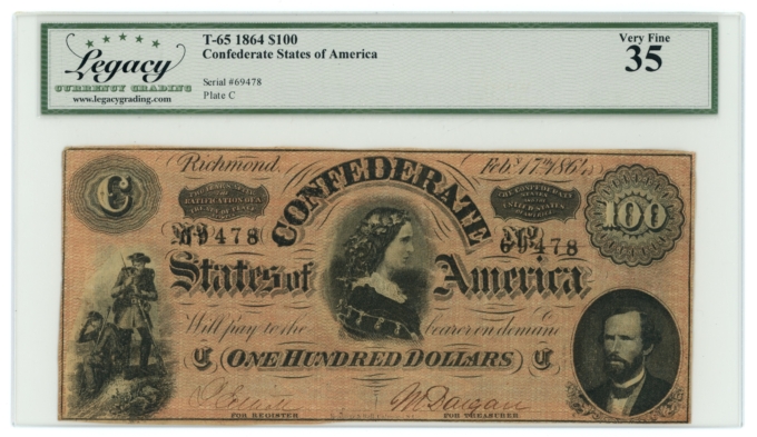 T-65 1864 Confederate States of America CSA $100 Note LCG VF35 (65311)