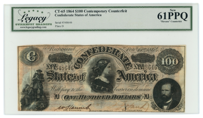 CT-65 1864 CSA $100 Havana Counterfeit CTFT LCG UNC 61 PPQ (65312)