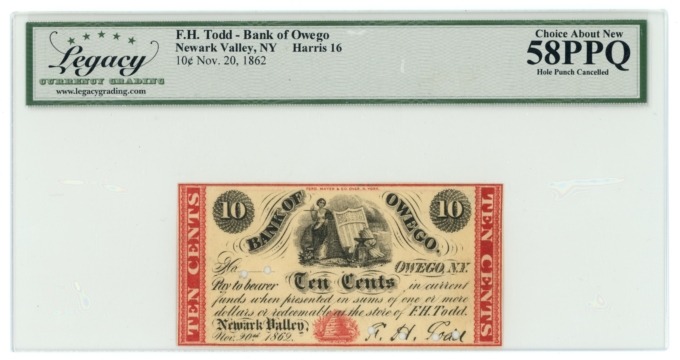1862 FH Todd @ Bank of Owego Newark Valley NY 10c Scrip LCG AU58 PPQ (65313)