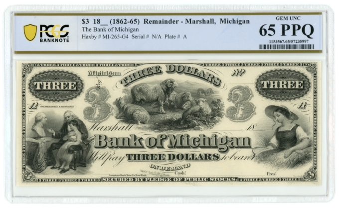 18XX Marshall Michigan $3 Bank of Michigan PCGS 65PPQ (L6129)