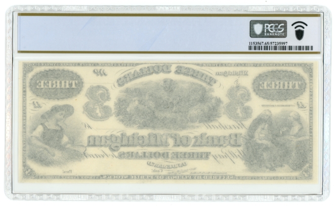 18XX Marshall Michigan $3 Bank of Michigan PCGS 65PPQ (L6129)