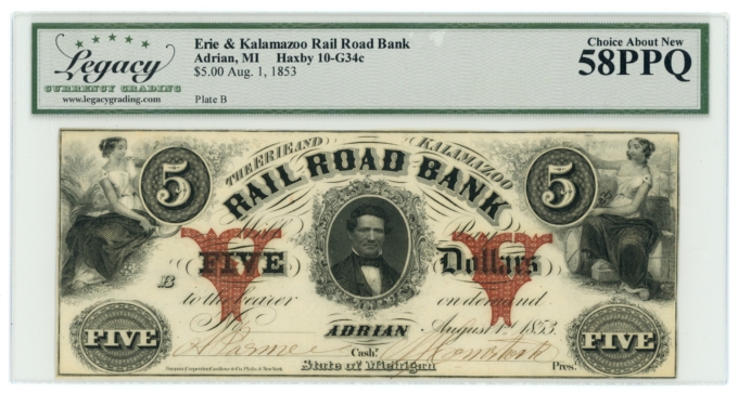 1853 Erie & Kalamazoo Railroad Bank Adrian MI $5 Obsolete LCG AU58 PPQ (65314)