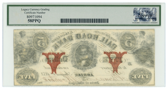 1853 Erie & Kalamazoo Railroad Bank Adrian MI $5 Obsolete LCG AU58 PPQ (65314)