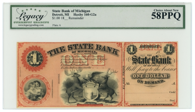 18XX State Bank of Michigan Detroit MI $1 Obsolete LCG AU58 PPQ (65315)
