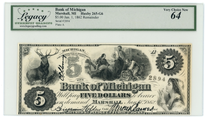 1862 Bank of Michigan Marshall MI $5 Obsolete Note LCG UNC 64 (65316)
