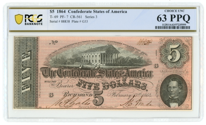 T-69 1864 Confederate States of America CSA $5 Notes 4 PCGS UNC Notes in Seq.