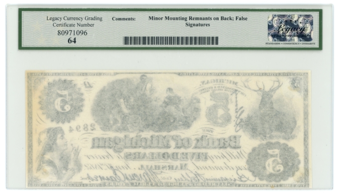 1862 Bank of Michigan Marshall MI $5 Obsolete Note LCG UNC 64 (65316)