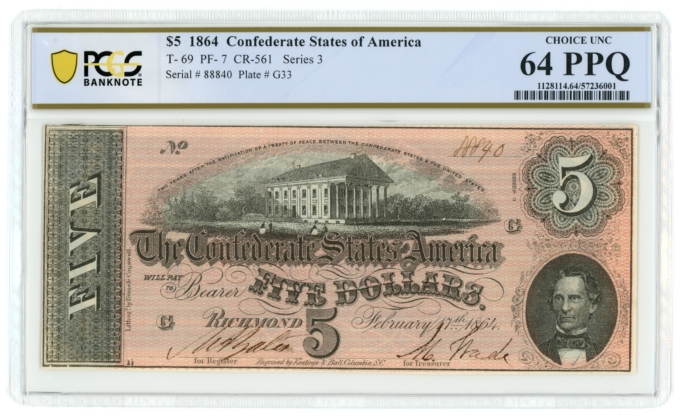 T-69 1864 Confederate States of America CSA $5 Notes 4 PCGS UNC Notes in Seq.
