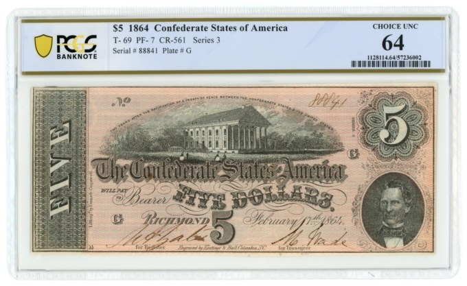 T-69 1864 Confederate States of America CSA $5 Notes 4 PCGS UNC Notes in Seq.