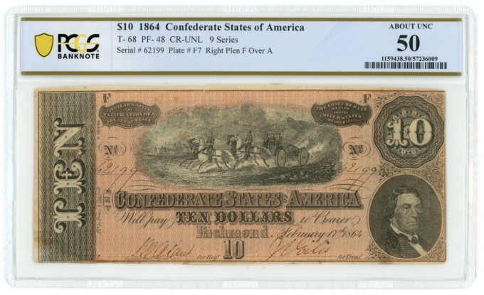 T-68 1864 Confederate States of America CSA $10 Note F/A Plen ERROR PCGS 50