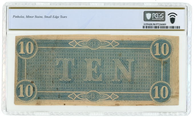T-68 1864 Confederate States of America CSA $10 Note F/A Plen ERROR PCGS 50