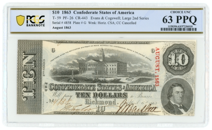 T-59 1863 Confederate States of America CSA $10 Note PF-26 PCGS 63PPQ (65074)