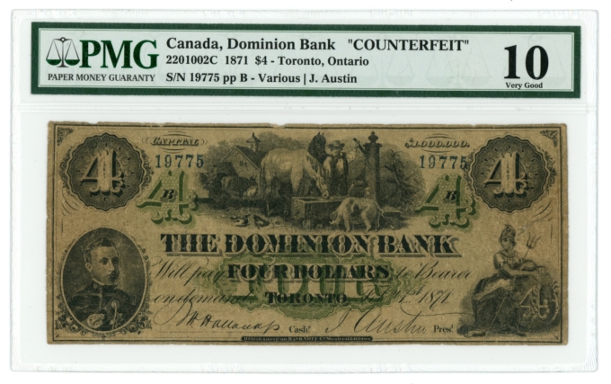 1871 Dominion Bank Toronto Canada $4 Note PMG 10 CTFT 220-10-02C (65050)