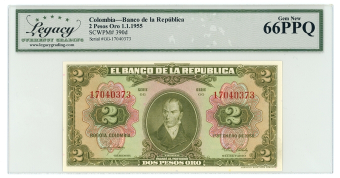 1955 Banco de la República Colombia 2 Pesos Legacy 66PPQ (L6273)