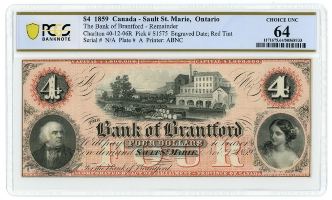 1859 Bank of Brantford Sault St Marie Canada $4 Note PCGS UNC 64 40-12-06R